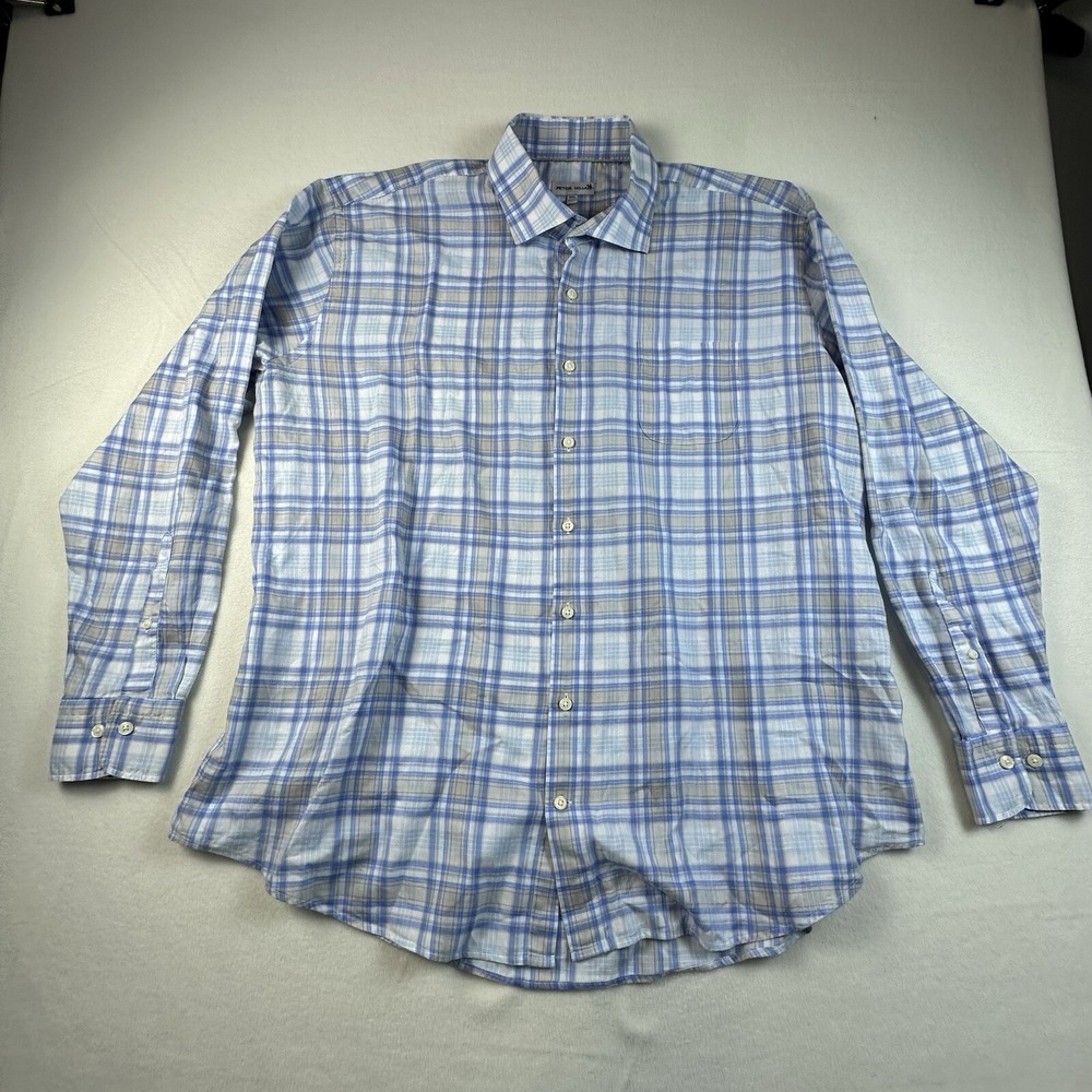 Peter Millar PAWLEY Summer Soft Shirt Mens 2XL Blue Plaid Cotton Sport Casual